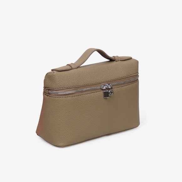 Loro Top Handle Extra Pocket Small Pouch Handbag, Tan Grained Faux Leather - Picture 2 of 3